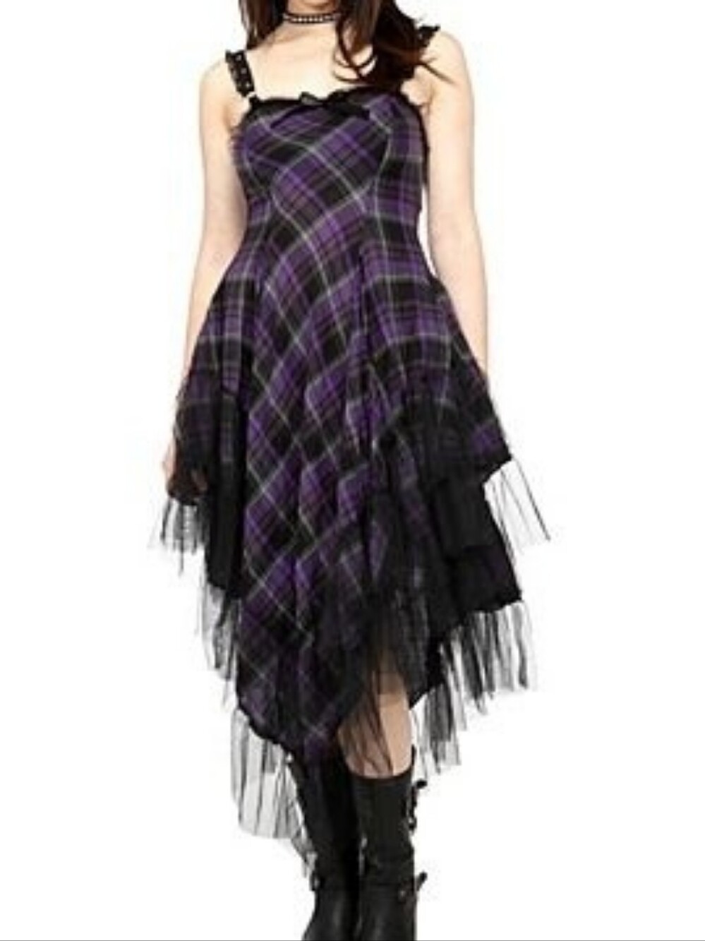 RARE Vintage Lip Service Purple Plaid Maxi Ruffle Dress w/Lace Trim & Tuelle
